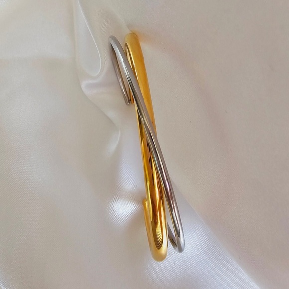 Silver & Gold Two Tone Twisted Open Wrap Cuff Bracelet - Picture 3 of 9